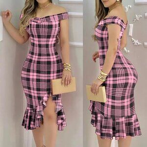 ChicMe Pink Plaid Bodycon Ruffle Hem Dress – Size S – NWOT